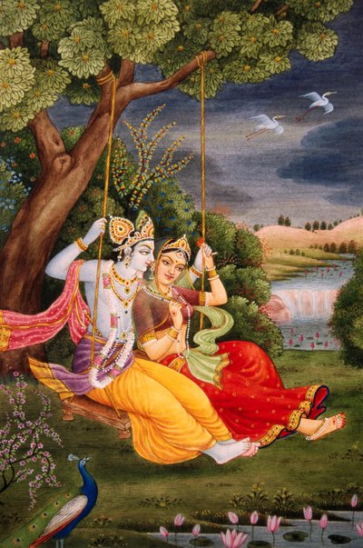 Radha Krishna profitant de Jhoola, miniature sur papier - School Indian