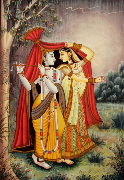 Miniature de Radha Krishna en mousson sur papier - School Indian