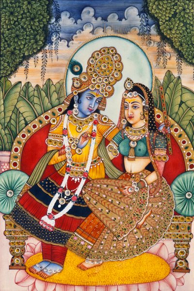 Peinture Miniature de Radha Krishna sur Ivoire - School Indian