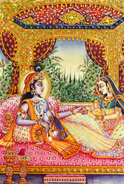Peinture miniature Radha Krishna sur ivoire - School Indian