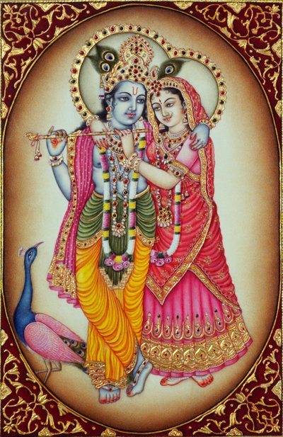 Peinture miniature de Radha Krishna sur ivoire - School Indian