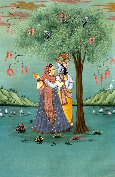 Peinture miniature de Radha Krishna sur papier - School Indian