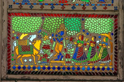 Radha Krishna avec Sakhi sur vitrail - School Indian
