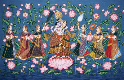 Radha Krishna avec Sakhis, peinture miniature sur papier - School Indian