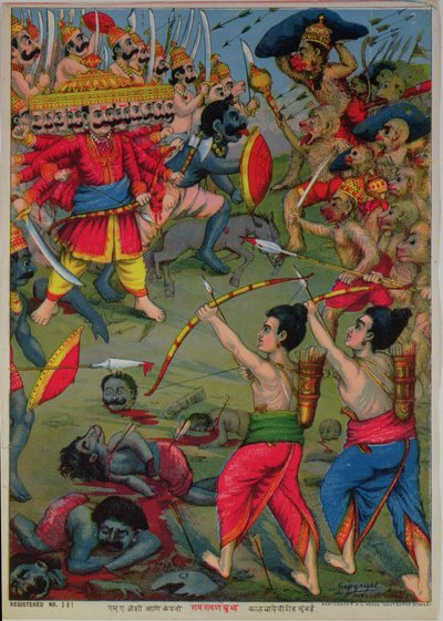 Rama et Lakshmana combattant Ravana, épopée Ramayana, vers 1914 (chromolitho) - School Indian