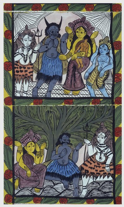 Shiva donne vie à Ganesha (Ganesh ou Ganapati), dans les bras de sa mère Parvati, après lui avoir coupé la tête dans un accès de colère. Pat : rouleau peint de la région du Bengale, servant de support narratif pour les musiciens Baoul (ou baul). Leonard de - School Indian