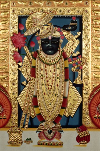 Shri Lord Shree Nathji ou Shreenathji à Nathdwara Peinture miniature sur papier avec embossage doré - School Indian