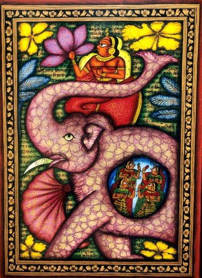 Femme assise sur un éléphant tenant une fleur, miniature, Inde - School Indian