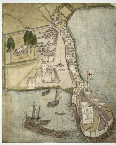 Le château et la ville de Carrickfergus, Irlande, c.1560 - School Irish