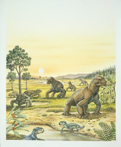 Anomodontes, premier plan, Pareisaurs, à gauche, et Dinocephalians, à droite, Paléozoïque, période Permienne - School Italian