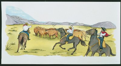 Argentine - gauchos rassemblant du bétail dans les Pampas - School Italian