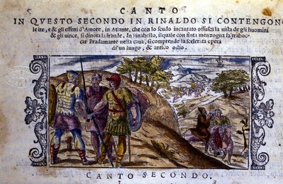 À droite Angélique rencontre un ermite qui arrêtera le combat entre Renaud (Rinaldo) et Sacripant (Sacripante) pour le cheval Bayard - Scène tirée du poème chevaleresque « Orlando Furioso » (Le Roland Furieux) de Ludovico Ariosto (1474-1533) - School Italian