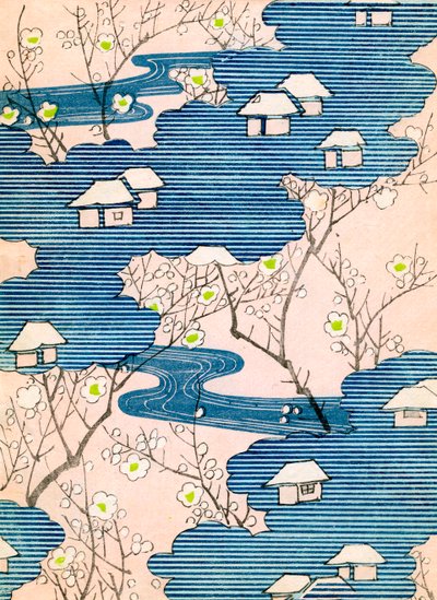 Motif pour un kimono : Cottages avec rivières et fleurs de cerisier - School Japanese