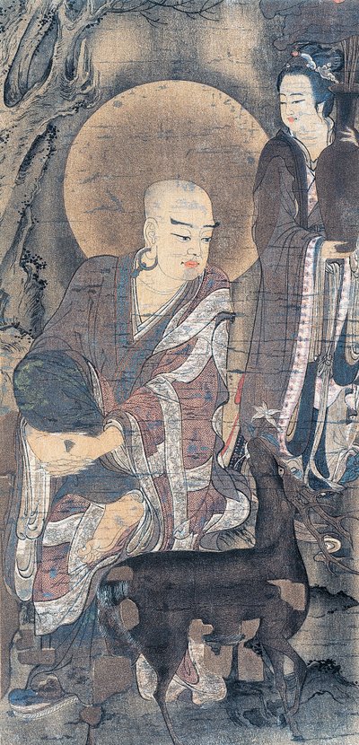 Peinture religieuse représentant un jeune moine avec une biche, peinture sur soie, civilisation japonaise, période Heian, 794-1185 - School Japanese