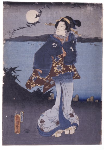 Femme au bord du lac regardant la pleine lune et les oies descendantes - School Japanese