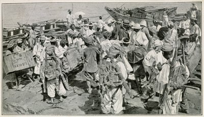 Porteurs coréens dans le port de Chemulpo (Corée du Sud), déchargeant les jonques - Illustration d