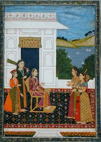 Une dame avec des servantes sur une terrasse, du Petit Album Clive - School Mughal