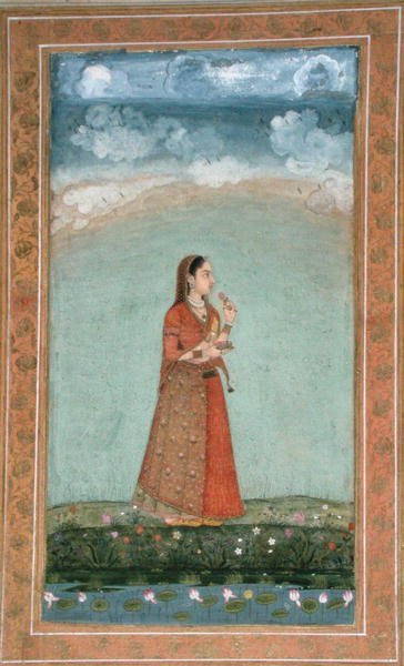 Dame tenant un bol de fleurs de rose, du Petit Album Clive - School Mughal