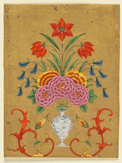 Vase avec composition florale et rinceaux, vers 1750-1800 (aquarelle opaque avec or sur papier) - School Mughal