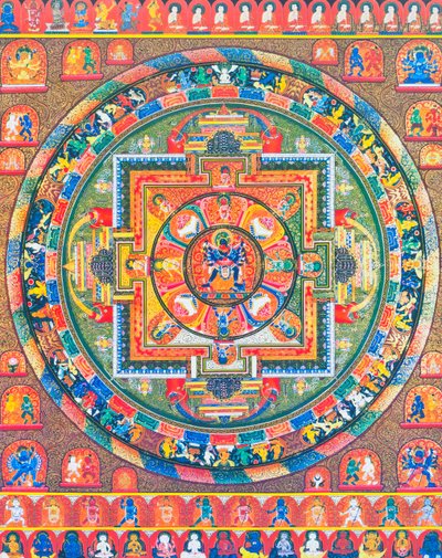 Mandala de Chakrasambhara, représentant la divinité principale Sambhara embrassant sa consort Vajrabarahi symbolisant l