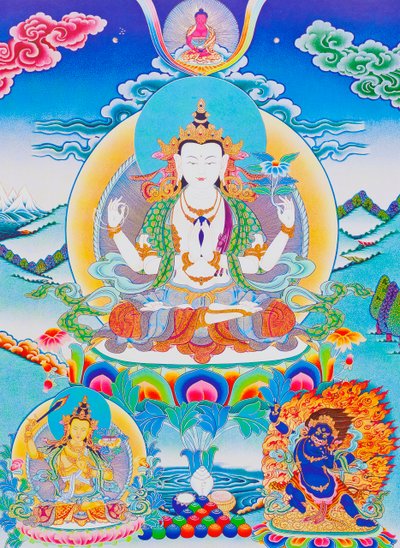Image représentant Chenresi, le seigneur des six syllabes "Om Mani Padme Hum" - School Nepalese