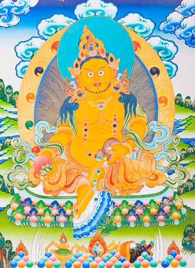 Image représentant Dzambhala, le Dzambhala jaune est la manifestation du Bouddha Ratnasambhava symbolisant la richesse dans le monde matérialiste - School Nepalese