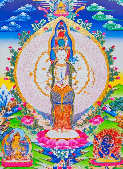 Image représentant Avalokiteshvara aux mille bras, Avalokiteshvara à onze têtes avec mille bras et 1022 yeux symbolisant la compassion infinie - School Nepalese