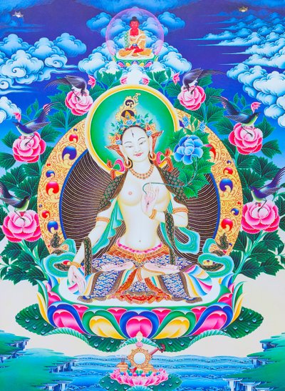 Image représentant Tara blanche, la mère divine aux sept yeux assise sur un lotus avec sa main droite en position varada mudra symbolisant la générosité - School Nepalese