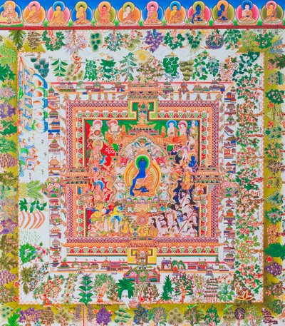 Mandala du Bouddha de la Médecine, la figure centrale de Bhaisajyaguru représente le guérisseur suprême en robes monastiques avec un bol contenant des plantes médicinales - School Nepalese