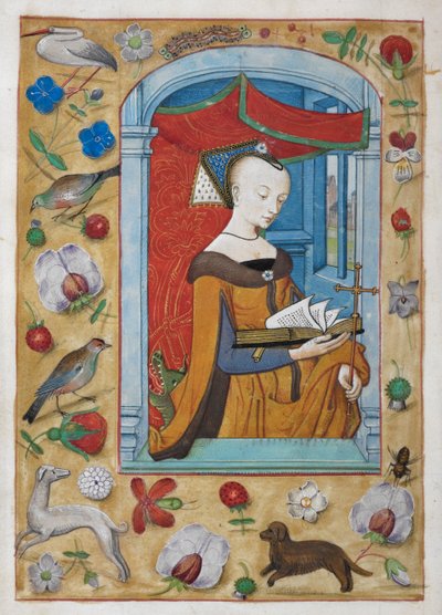 Kings 9, f.62v Louange à Sainte Marguerite. La sainte, avec une croix dans la main gauche, se tient en train de lire sous un dais, avec un dragon derrière elle. Bordures de décoration trompe-l