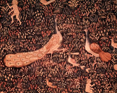 Le rideau de la Vie Seigneuriale : détail représentant des oiseaux, paon - School Netherlandish