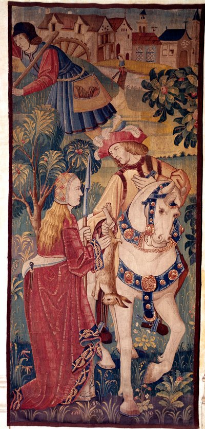 Le retour de la chasse. Un gentilhomme offre du gibier à une jeune dame - School Netherlandish