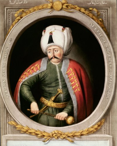 Empire ottoman : portrait du neuvième sultan ottoman Selim I dit le terrible ou le cruel (1470-1520). Miniature. Topkapi Sarayi, Istanbul - School Ottoman