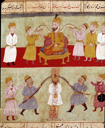 Art islamique : un roi représenté en haut, avec ses compagnons serpents nourris par les courtisans, en bas une scène de torture d