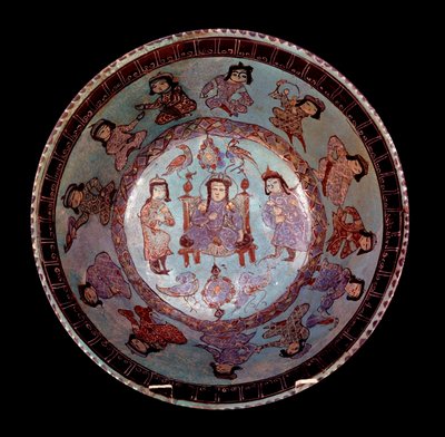 Art persan : bol conique polychrome sur fond bleu représentant un prince assis sur son trône entre deux pages - School Persian