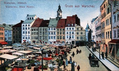 Carte postale représentant la place du marché de la vieille ville à Varsovie, c.1910 (lithographie en couleur) - School Polish