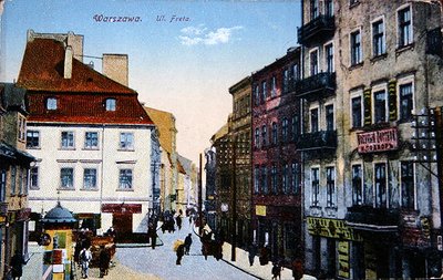 Carte postale représentant une scène de rue dans le vieux centre de Varsovie, vers 1910 - School Polish
