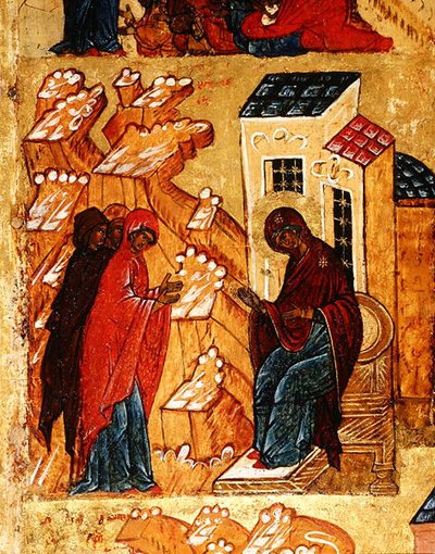 Icône représentant la Vierge sélectionnant les couleurs les plus honorées du tissu, vers 1550 (détail) - School Russian