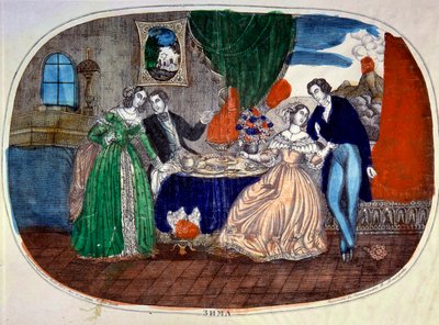 Mondanité : scène de repas et de séduction entre deux couples. Russie. Gravure vers 1850. Collection privée - School Russian