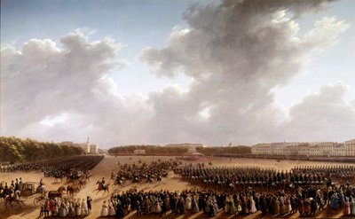 Parade sur le Champ de Mars, au premier plan Alexandre Pouchkine et Nicolas Ier à cheval allant vers l