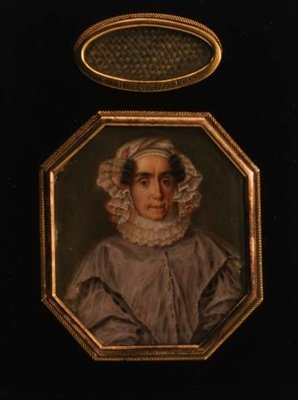 Portrait de Praskovya Mikhailovna Tolstaya (1777-1844), avec une mèche de ses cheveux, vers 1844 - School Russian