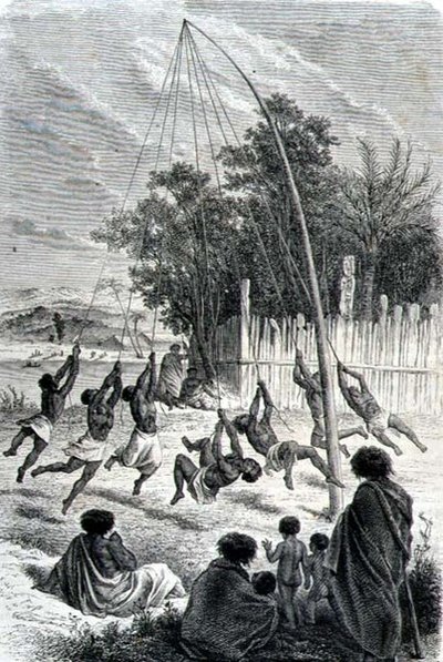 Guerriers maoris jouant sur une balançoire, illustration de 