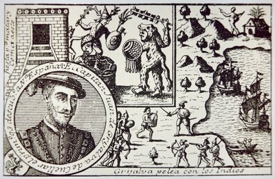 Les Espagnols sous Juan de Grijalva débarquent au Yucatan et affrontent les guerriers mayas à la bataille de Champoton, mai 1518 (lithographie) - School Spanish