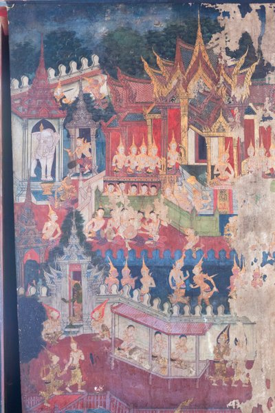Peintures murales dans la chapelle Buddhaisawan représentant Bouddha en tenue royale pour humilier et convaincre l