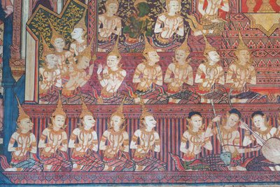 Fresques dans la chapelle Buddhaisawan représentant les célébrations du mariage royal des parents du Bodhisattva, le roi Suddhodana du clan Sakya et la princesse Mahamaya - School Thai