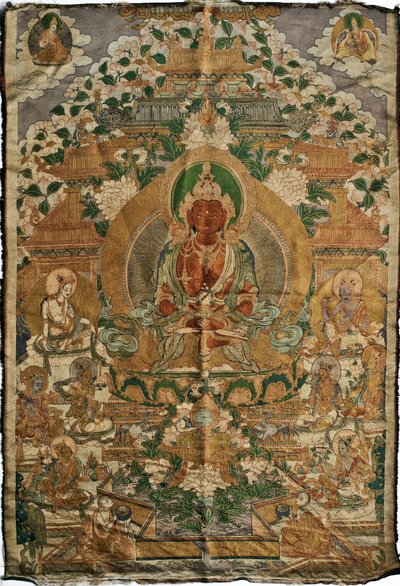 Amitabha (bouddha de la terre pure) - Peinture tibétaine, pigments et or sur tissu, fin du 19ème siècle, 74x51 cm - (Amitayus Buddha Thangka, culture tibétaine, pigments et or sur textile, fin du 19ème siècle) - Collection privée - School Tibetan