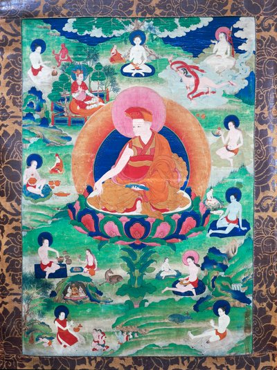 Le Lama Rje-grags Rtod Iha-pa-pa-wang Graps avec halo et entouré de nombreux mahasiddha (yogis), ayant vécu en Inde et au Tibet (7e-11e siècle), gouache sur toile - School Tibetan