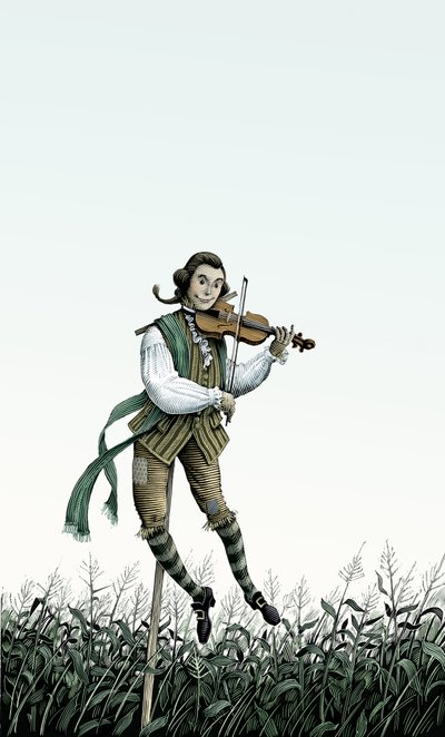 Épouvantail à violon baroque, 2006 (scratchboard, colorisé numériquement) - Scott McKowen
