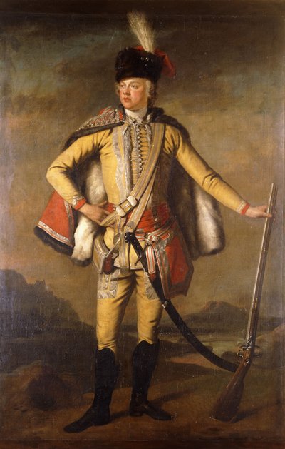 Portrait de John Lindsay, 20e comte de Crawford et Lindsay, en uniforme de hussard, tenant un mousquet à silex, avec un paysage en arrière-plan, vers 1745 - Scottish School
