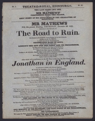 Programme de théâtre pour le Theatre Royal, Édimbourg, 29 décembre 1825 - Scottish School